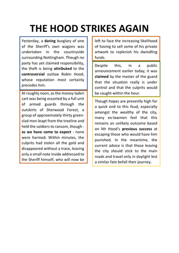Robin Hood Newspaper Model (Key Stage 2, Differentiated Text with Lesson Ideas)