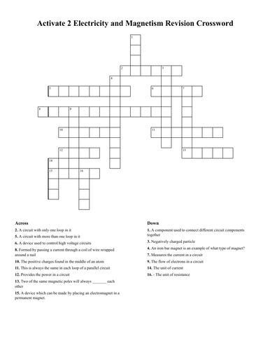 KS3 Activate 2 Electricity and Magnetism Revision Crossword