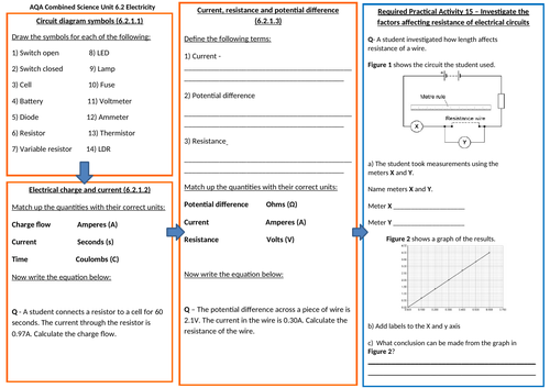 AQA Electricity  Revision Placemat