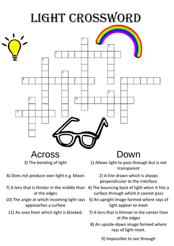 Physics Crossword Puzzle: Light (Includes answer key)