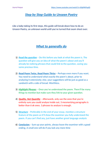 GCSE English Literature (9-1) Step By Step Guide to Unseen Poetry By Joynul Haque