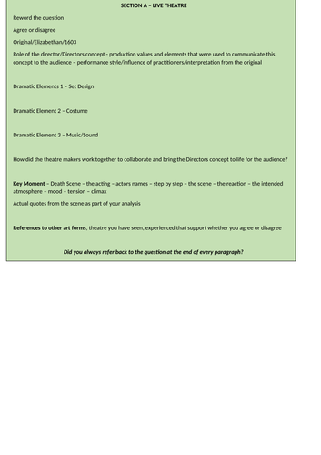 A Level Drama Edexcel Component 3 Writing Frames