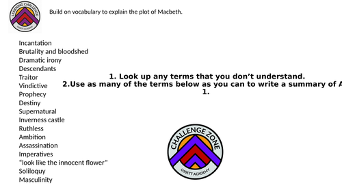 Macbeth Revision task- Use interesting vocabulary to summarise plot.