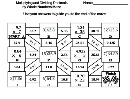 Multiplying and Dividing Decimals by Whole Numbers Activity: Math Maze
