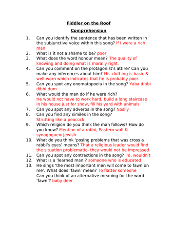 SONG COMPREHENSION FOR FIDDLER ON THE ROOF. YEAR 6. SUBJUNCTIVE MOOD. INFERENCE. RETRIEVAL