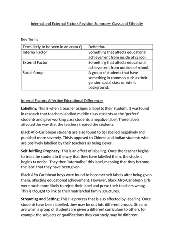 GCSE/ A Level Sociology Education Revision Notes- Internal and External Factors