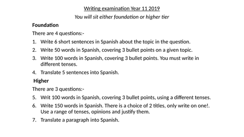 Spanish GCSE  Writing exam revision lesson WJEC
