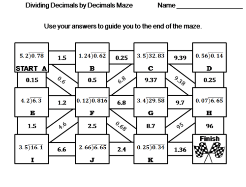 Dividing Decimals by Decimals Activity: Math Maze