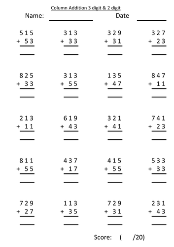 Column Addition. Three digit & two digit. | Teaching Resources