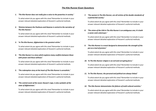 AQA ENGLISH LITERATURE SOCIAL AND POLITICAL - THE KITE RUNNER EXAM QUESTIONS