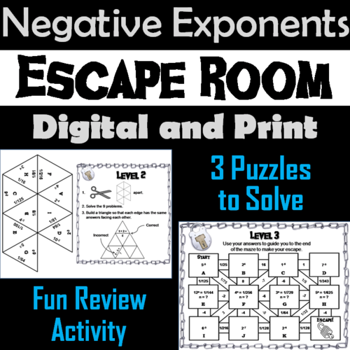 Negative Exponents Activity Without Variables: Math Escape Room Algebra