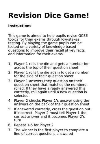 GCSE Physics/Combined Science- Circuits - Dice revision game