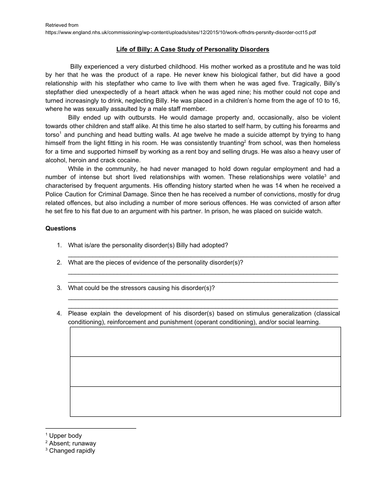 Psychology: Case Studies of Personality Disorders Worksheet | Teaching