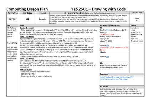 Computing Planning (Turtle)-Drawing with Code/ Algorithms/ Programming KS1/ Year 1/ Year 2/ Year 3