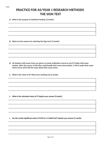 Sign Test Assessment Activity for AS and A level Psychology