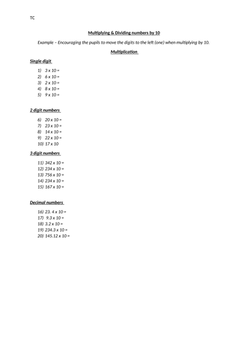 Multiplying and Dividing numbers by 10