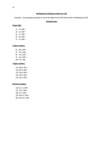 Multiplying and Dividing numbers by 100