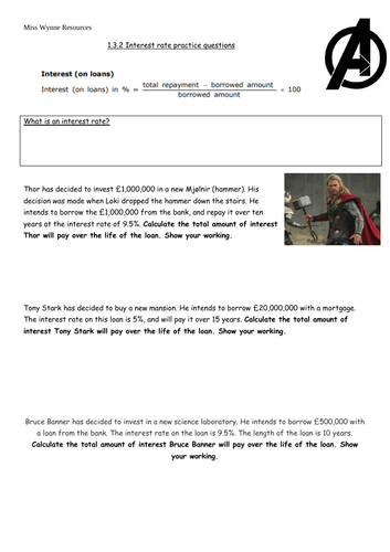 GCSE Business 1.3.2 Interest rate calculation worksheet and answersheet -  Avengers themed (EDEXCEL)