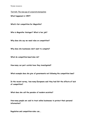 2.5.3 Alevel Business The competitive environment Ted Talk and question sheet (EDEXCEL)