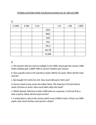 Multiply And Divide Whole And Decimal Numbers By 10 100 And 1000