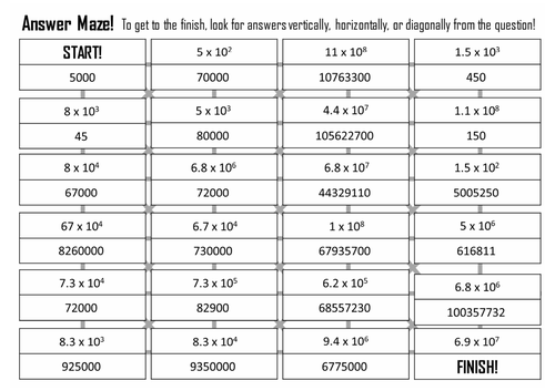 Converting Ordinary Numbers to Standard Form - Answer Maze