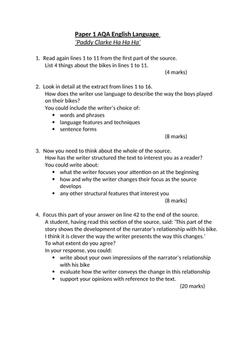 AQA Language Paper 1 Practice Paper (WITH ANSWERS!)