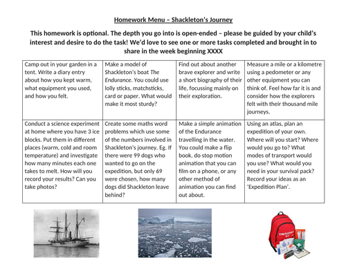 Homework Menu for Shackleton's Journey topic