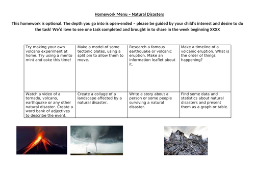 Homework Menu for Natural Disasters topic