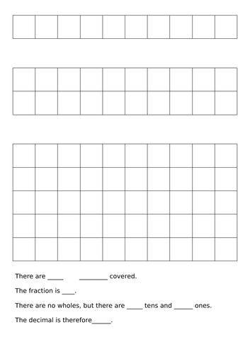 10 frame, 20 frame and 50 frame with sentence stems to colur and demonstrate decimal numbers