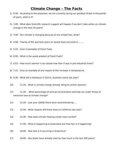 Climate Change The Facts Video Worksheet Teaching Resources