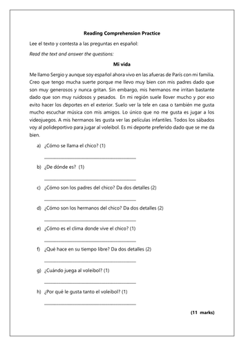 Spanish KS3 Reading comprehension practice: family and hobbies