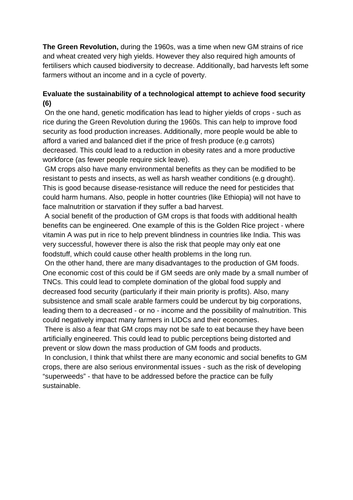 GCSE Geography/Biology genetic modification and food security (GM Crops 6 mark question)