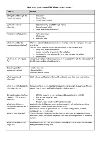 GCSE Sociology- AQA- Education- Review questions and answers