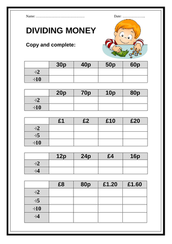 divide money worksheet teaching resources