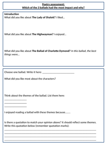 Differentiated assessment on ballads - low ability