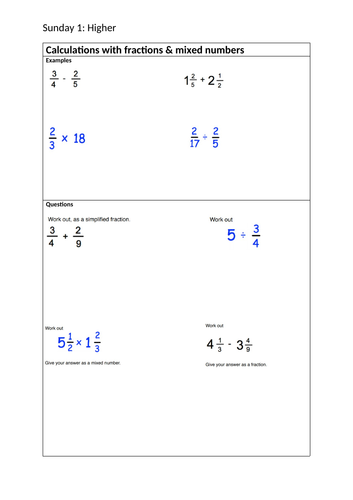 Maths Higher Paper 1 Non Calculator Revision Teaching Resources
