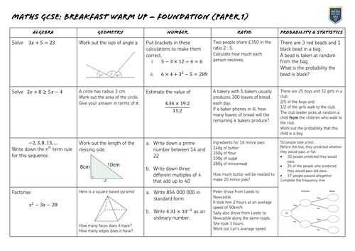 19 Aqa Gcse Maths Exam Breakfast Revision Sheets Paper 1 Teaching Resources