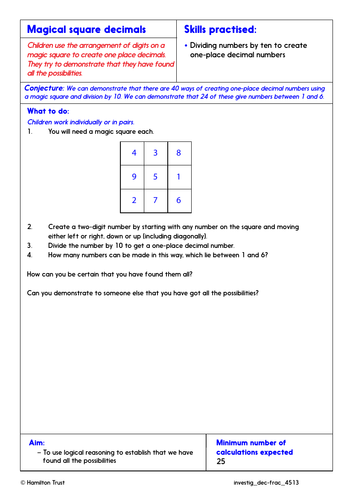 Introduction to one place decimals - Problem-Solving Investigations - Year 4