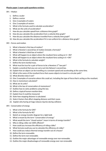 157 short answer revision questions for GCSE physics paper 1 Edexcel spec