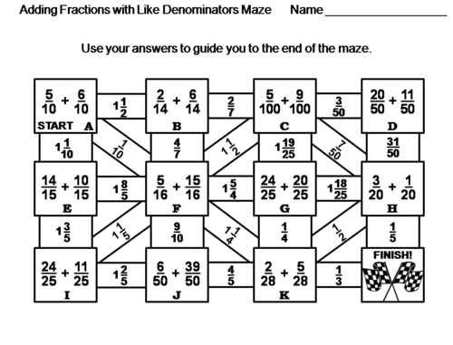 Adding Fractions with Like Denominators Game: Math Maze