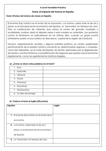 Spanish A Level el turismo de masas: translations on the impact of mass tourism in Spain & answers
