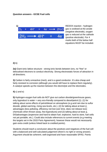 GCSE Chemistry Fuel Cells (hydrogen-oxygen) Worksheet, revision page