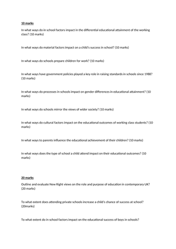 Practice questions for sociology of education OCR A level 10- 20-40