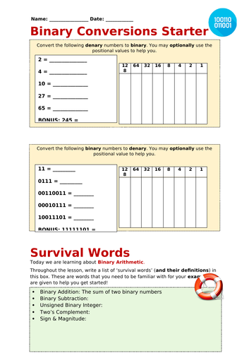 Binary Arithmetic Worksheet (OCR)