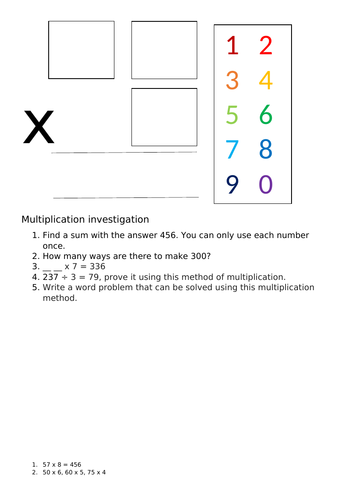 2 x 1 digit multiplication investigation