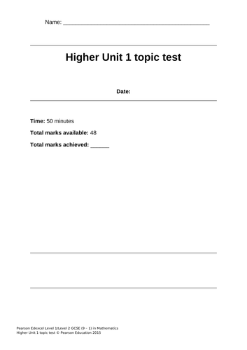 GCSE 9-1 Mathematics Higher Tier Exam Practice Tests- Unit 1-5 Pearson Edexcel