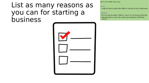 Full lesson on reasons for starting a business for the new BTEC Tech Award Enterprise.