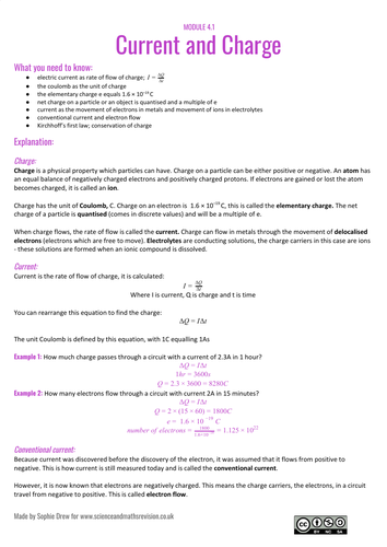 Current and charge sheet for A Level physics