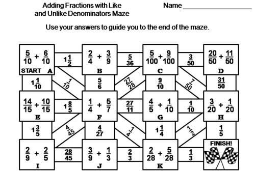 Adding Fractions with Like and Unlike Denominators Game: Math Maze