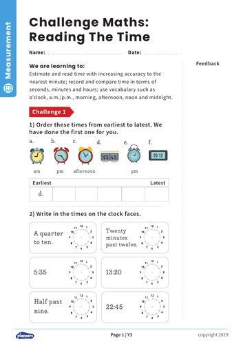 Reading the Time: Y3 – Measurement – Maths Challenge